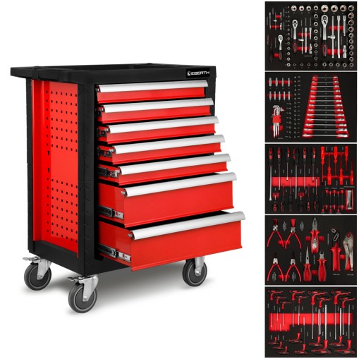 EBERTH Chariot d'atelier rogue avec 7 tiroirs rouge, 5 d'entre eux, y compris des outils